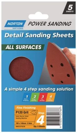 Norton Detail Sheet Fine Speed Grip P120 Grit 140 X 95mm - 5 Pack