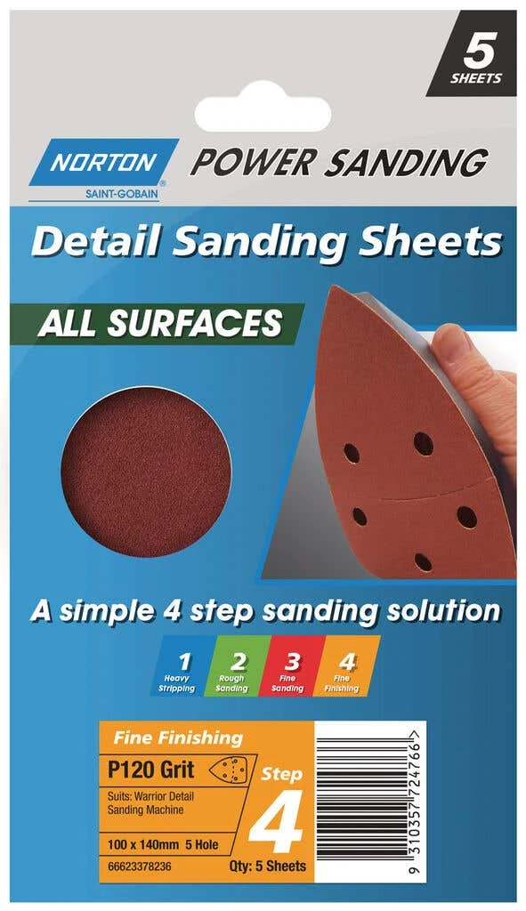 Norton Detail Sheet Fine Speed Grip P120 Grit 140 X 95mm - 5 Pack 3 Norton Detail Sheet Fine Speed Grip P120 Grit 140 X 95mm - 5 Pack